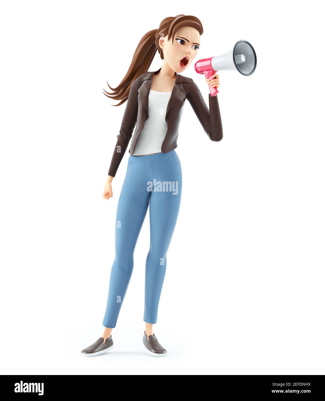 3D Karikatur Frau schießen durch Megaphon, Illustration isoliert auf weißem Hintergrund Stockfoto