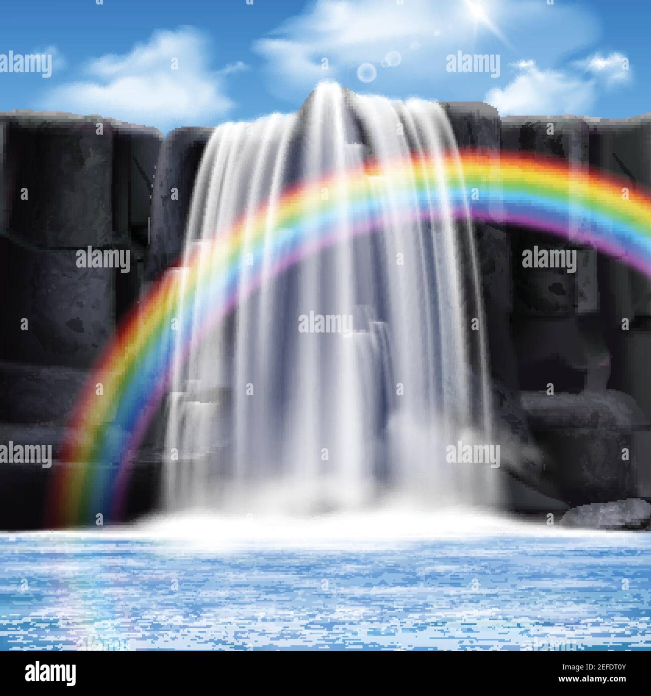 Farbige Wasserfälle realistische Komposition mit großen farbigen Regenbogen und Wasser Fließt aus den Bergen Vektorgrafik Stock Vektor