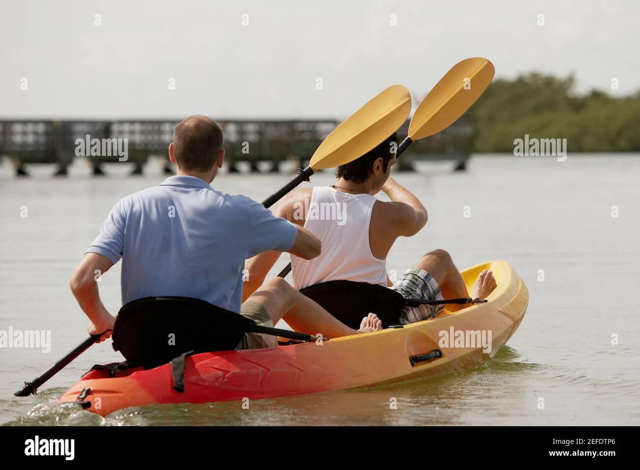 Rückansicht von zwei jungen Männern beim Kajakfahren Stockfoto