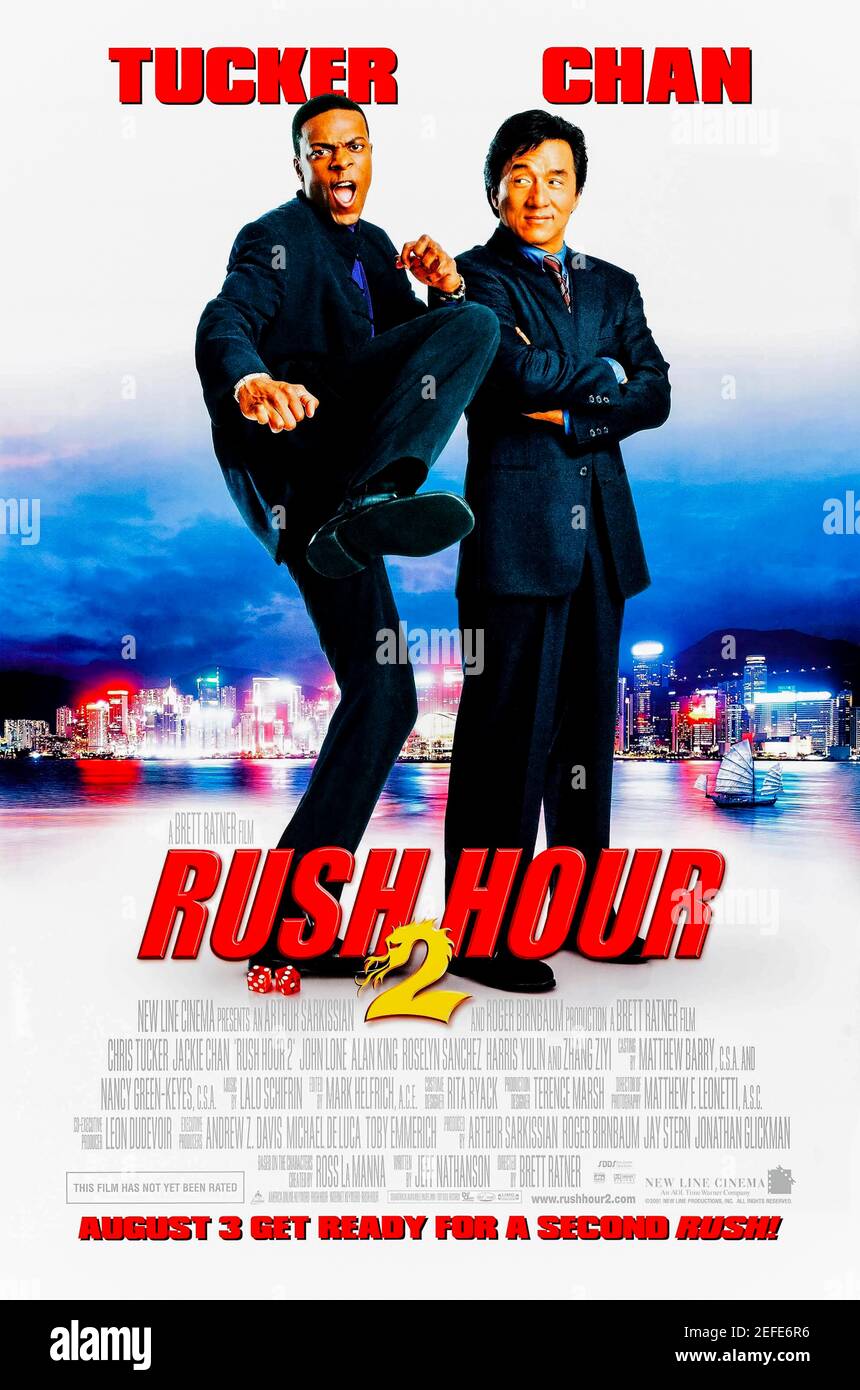 Rush Hour 2 (2001) Regie: Brett Ratner mit Jackie Chan, Chris Tucker und John Lone. Carter und Lee fahren für einen Urlaub nach Hongkong, verstricken sich aber in einen gefälschten Geldbetrug. Stockfoto