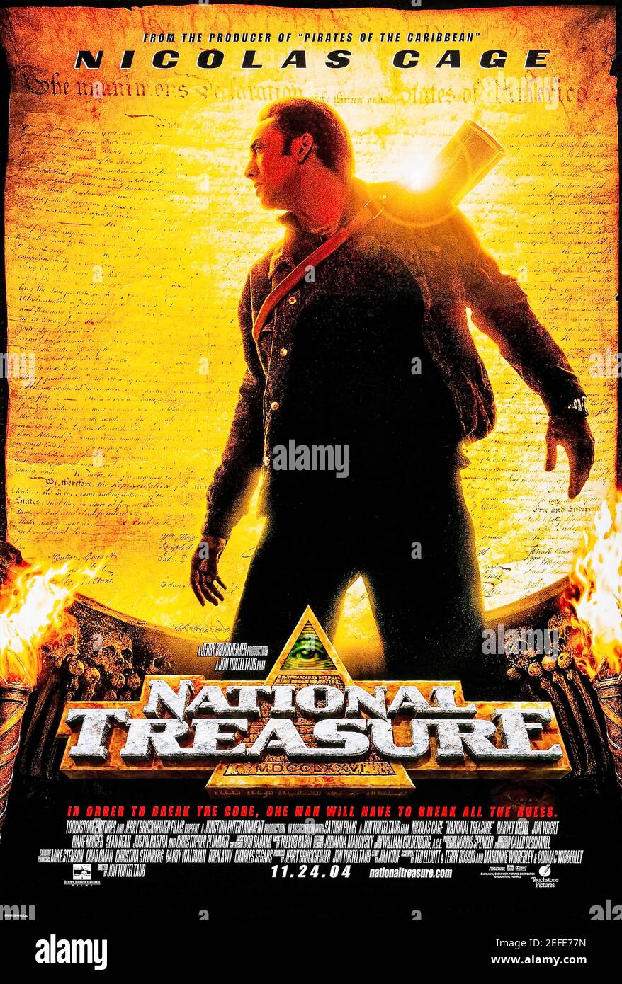 National Treasure (2004) unter der Regie von Jon Turteltaub mit Nicolas Cage, Diane Kruger und Justin Bartha. Ein Historiker rast vor einem Söldnerteam um den legendären Tempelschatz. Stockfoto