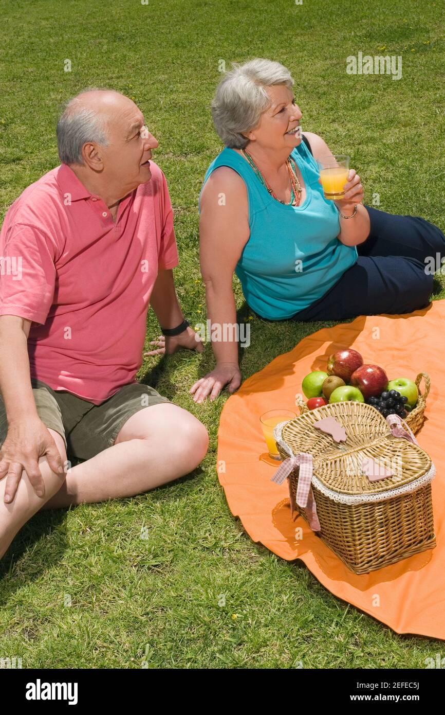Blick auf ein Seniorenpaar bei einem Picknick Stockfoto