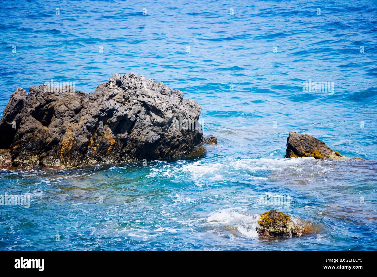 Felsen im Meer, Italienische Riviera, Santa Margherita Ligure, Mar Ligure, Genua, Ligurien, Italien Stockfoto
