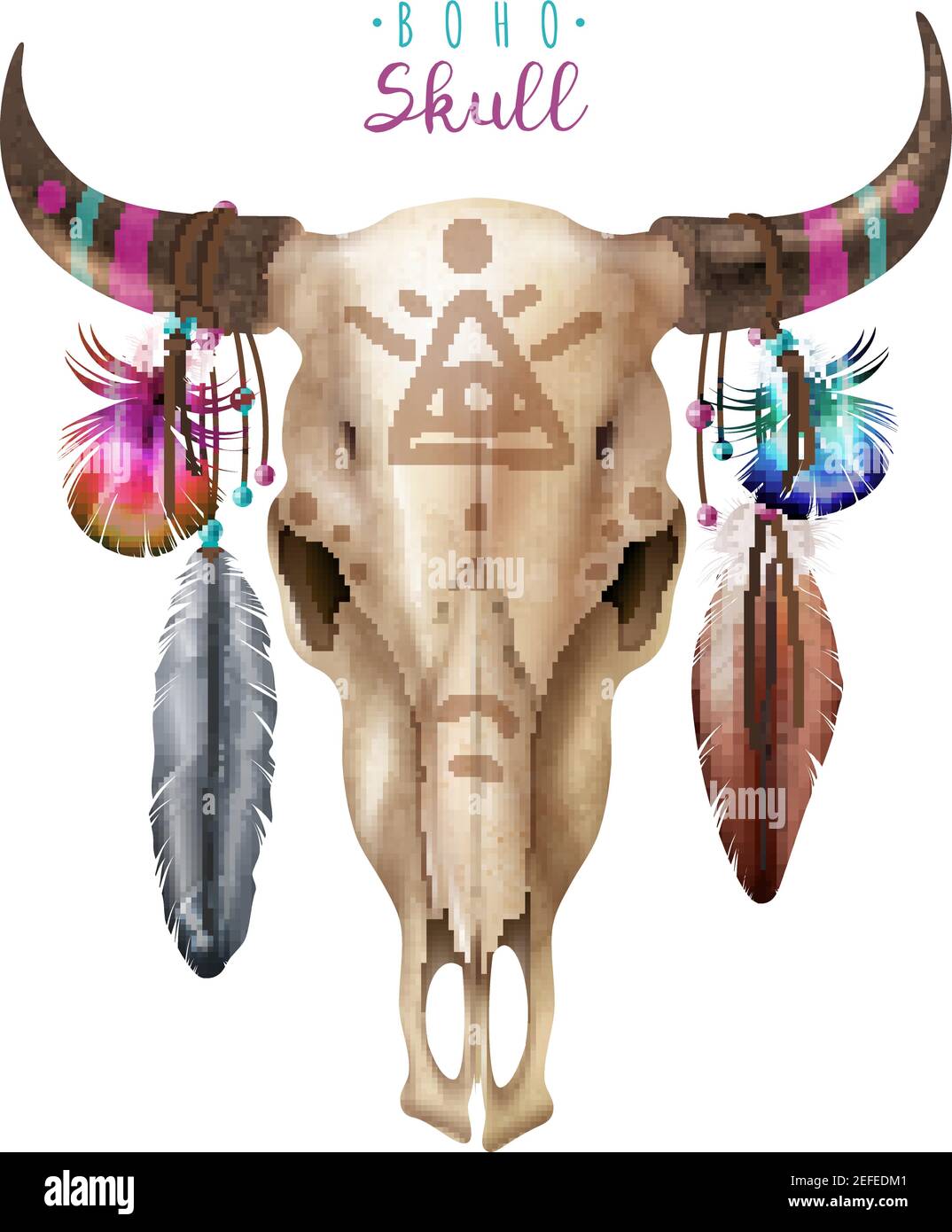 Realistischer Kuhschädel im Boho-Stil mit gemaltem Freimaurer-Symbol Hörner und Federn auf weißem Hintergrund Vektorgrafik Stock Vektor