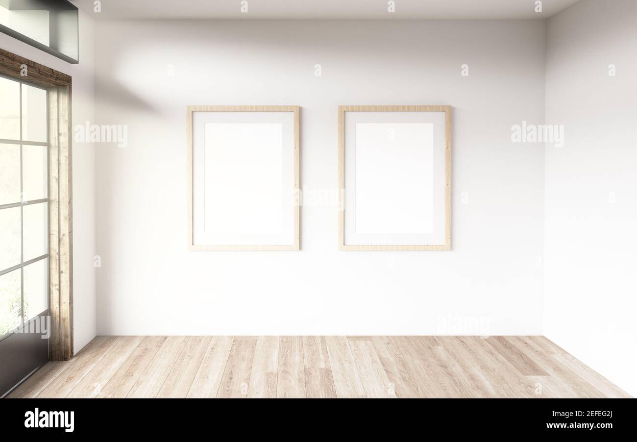Zwei blanck-Rahmen in einem Raum mit großen Fenstern. 3D Rendern Stockfoto