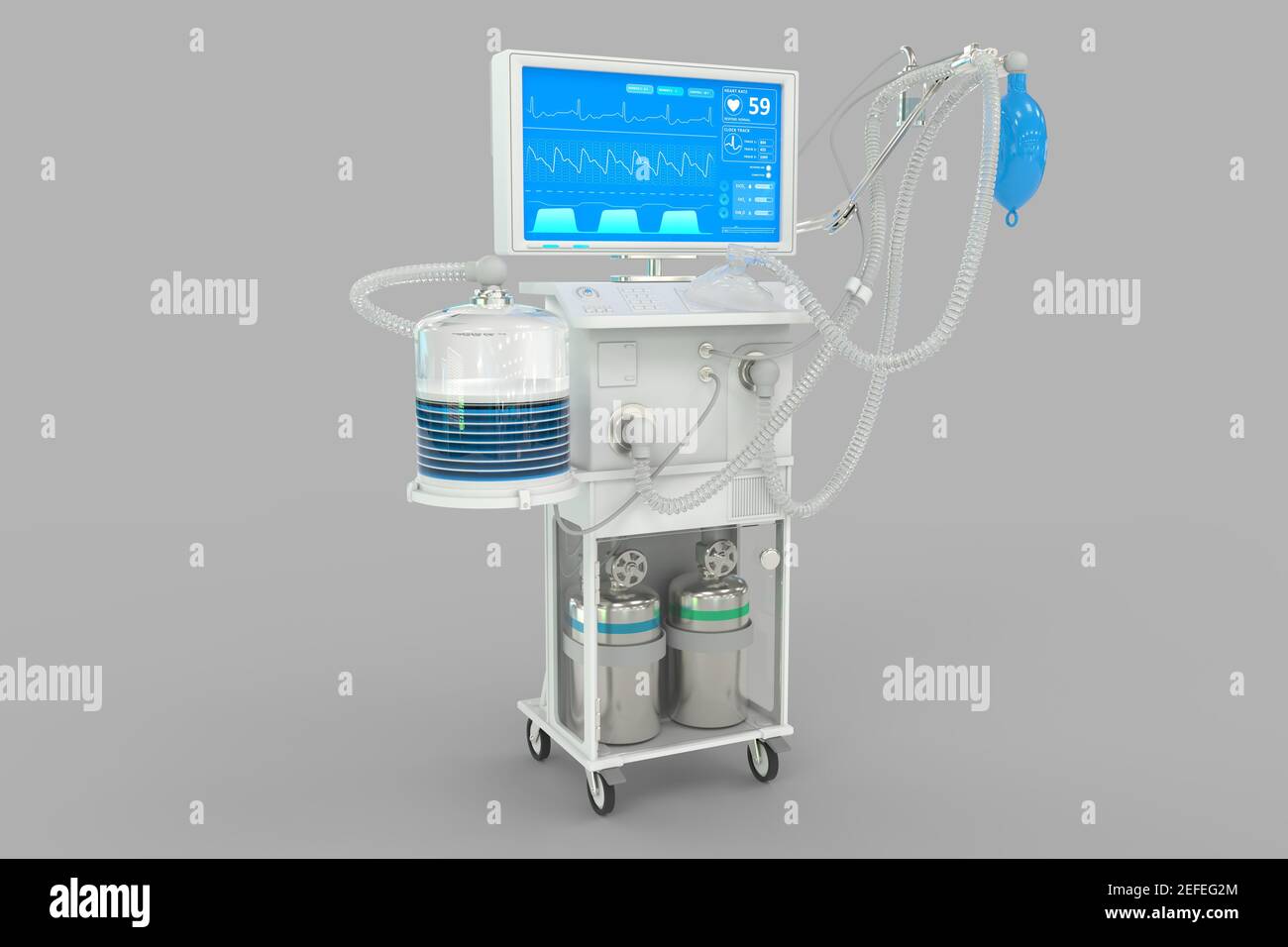 Medical 3D Illustration, ICU künstlicher Lungenventilator mit fiktiver Konstruktion isoliert auf grauem Hintergrund - Heal 2019-ncov Konzept Stockfoto
