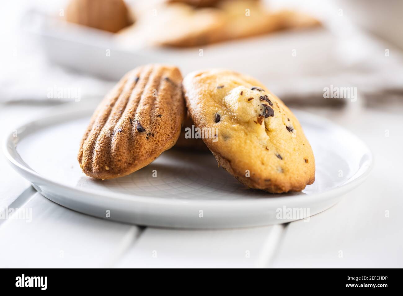 Madeleine mit Schokolade. Traditionelle französische kleine Kuchen auf dem Teller. Stockfoto