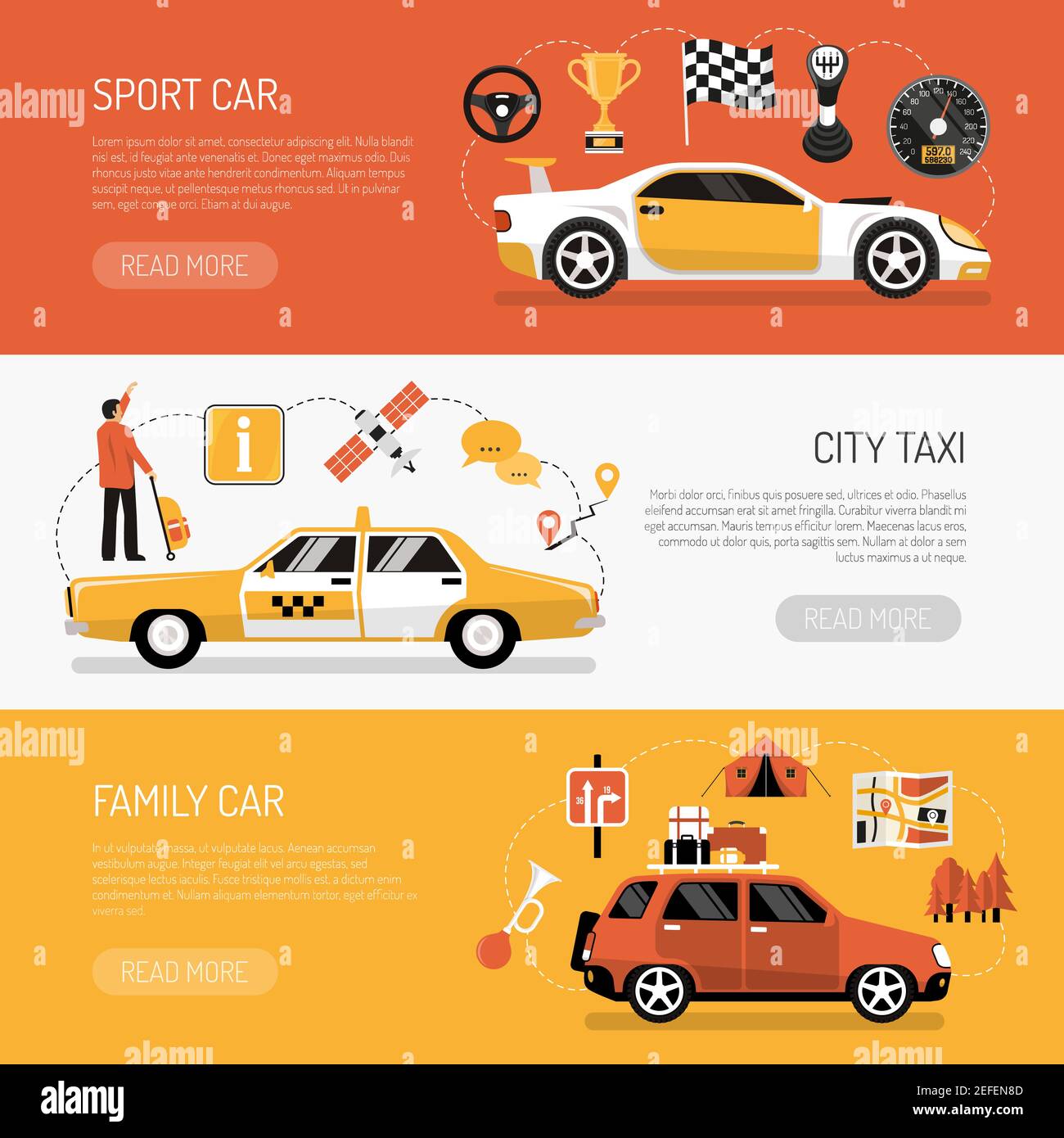 Flacher Satz von bunten horizontalen Auto Banner qith verschiedenen Arten Von Autos isoliert Vektor-Illustration Stock Vektor