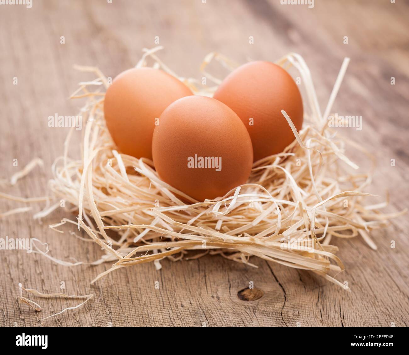 Drei Eier in einem Nest auf einem Holztisch Stockfoto