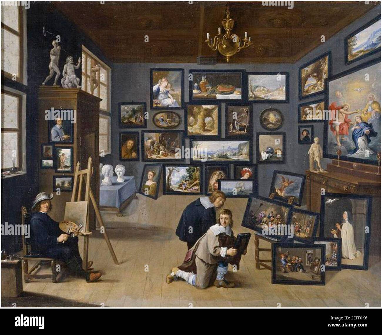 Kreis von David Teniers - ein Künstler in seinem Atelier umgeben von seinen Gemälden. Stockfoto