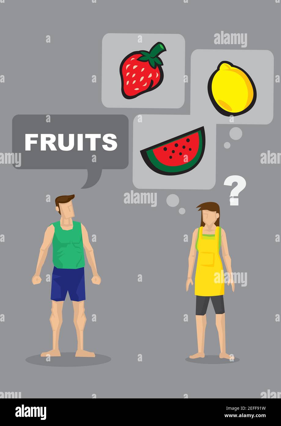Cartoon Mann Nachfrage nach Früchten und seine Frau ist unsicher, was er verlangt. Vektorgrafik für mehrdeutige Anweisungen. Stock Vektor