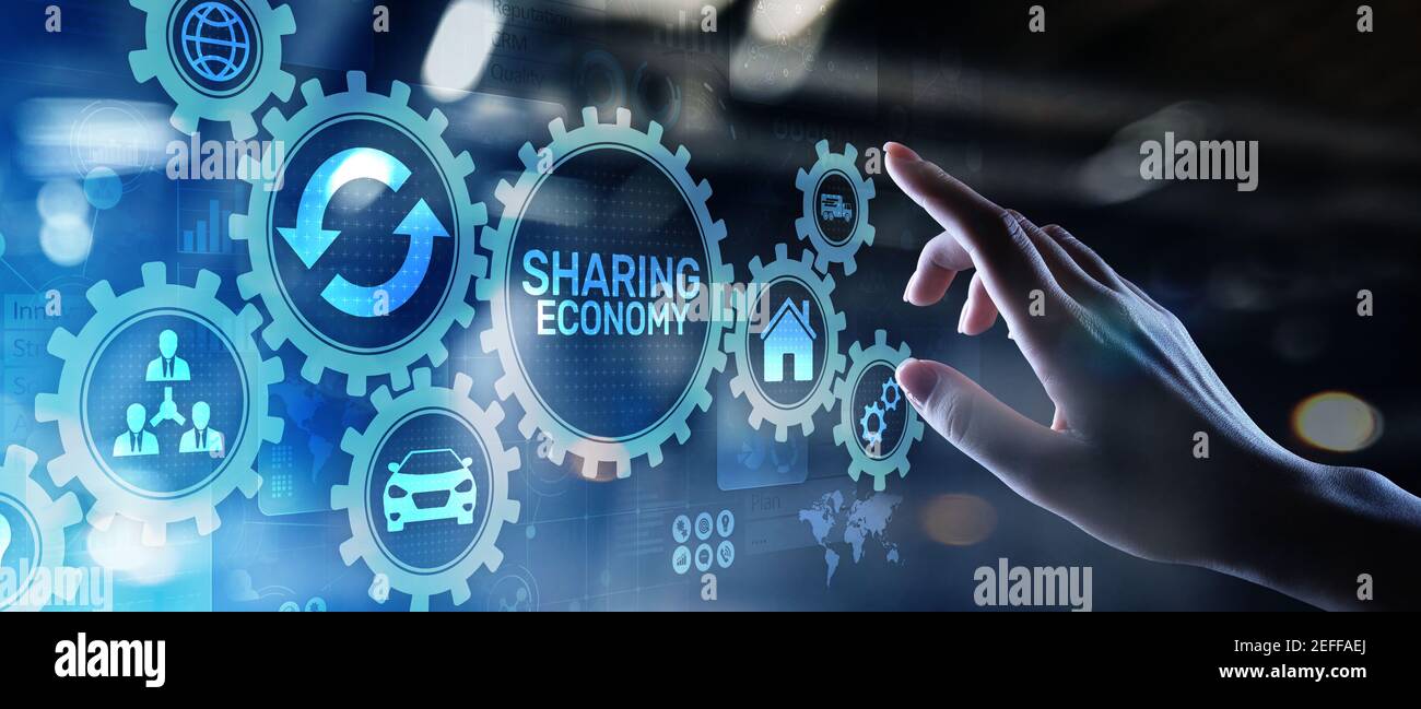 Gemeinsame Nutzung von Wirtschaft, Innovation und Zukunft Business Technology Konzept auf virtuellen Bildschirm Stockfoto
