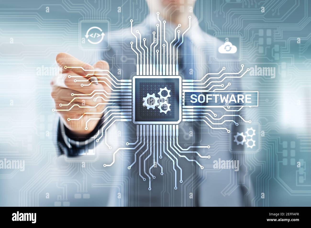 Softwareentwicklung und Geschäftsprozessautomatisierung, Internet- und Technologiekonzept auf virtuellem Bildschirm Stockfoto