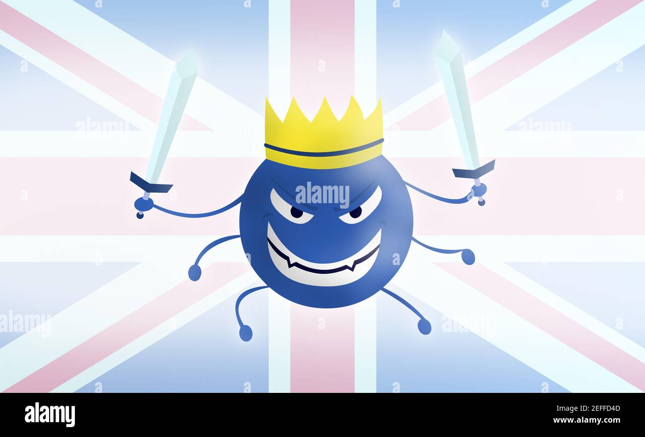 Covid 19 Mutation Darstellung mit uk Flagge auf dem Hintergrund. 2D flache Illustration von Cartoon england Variante Corona Virus Monster. Stockfoto