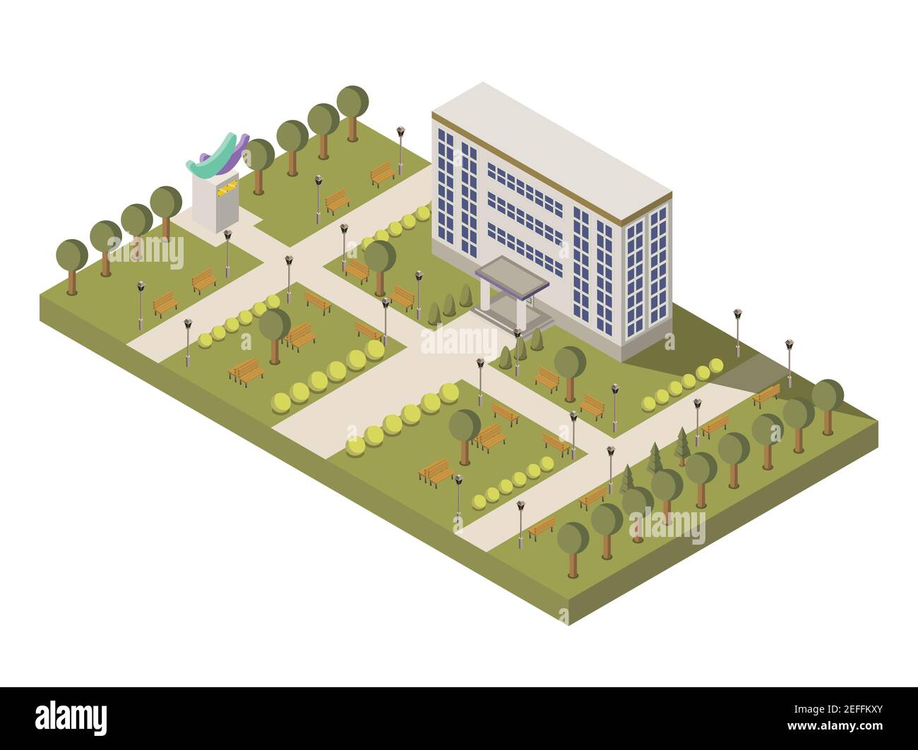 Isometrische Universität und Campus Zusammensetzung mit Universitätsgebäude und Garten vektorgrafik Stock Vektor