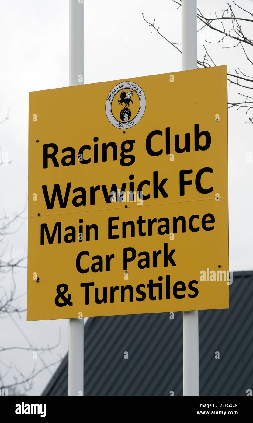 Racing Club Warwick FC Schild, Warwick, Warwickshire, Großbritannien Stockfoto