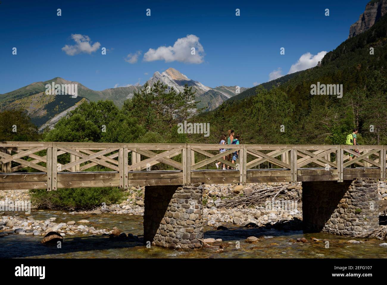 Pradera de Ordesa (Wiese Ordesa) im Sommer (Nationalpark Ordesa und Monte Perdido, Pyrenäen, Spanien) ESP: Pradera de Ordesa en verano PN Ordesa y Monte Perdido Stockfoto