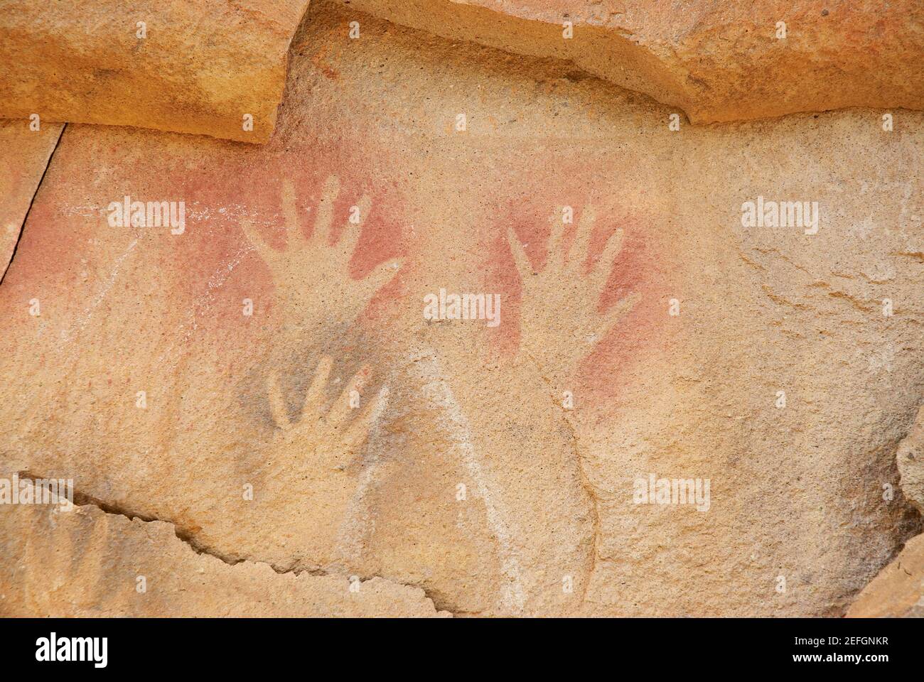 Handzeichen auf einem Felsen, Höhle der Hände, Pinturas Fluss, Patagonien, Argentinien Stockfoto