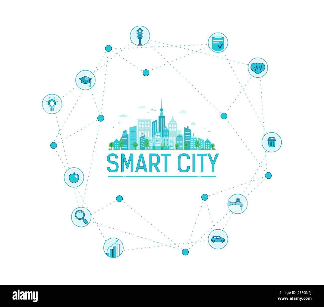 Smart City Infografiken. Moderne Stadt im Kreis Ikonen. Vektor gefüllte Linien Stil. Online-Apotheke, Bildung und Lebensmittel. Intelligente Gesundheit und Transport. Stock Vektor