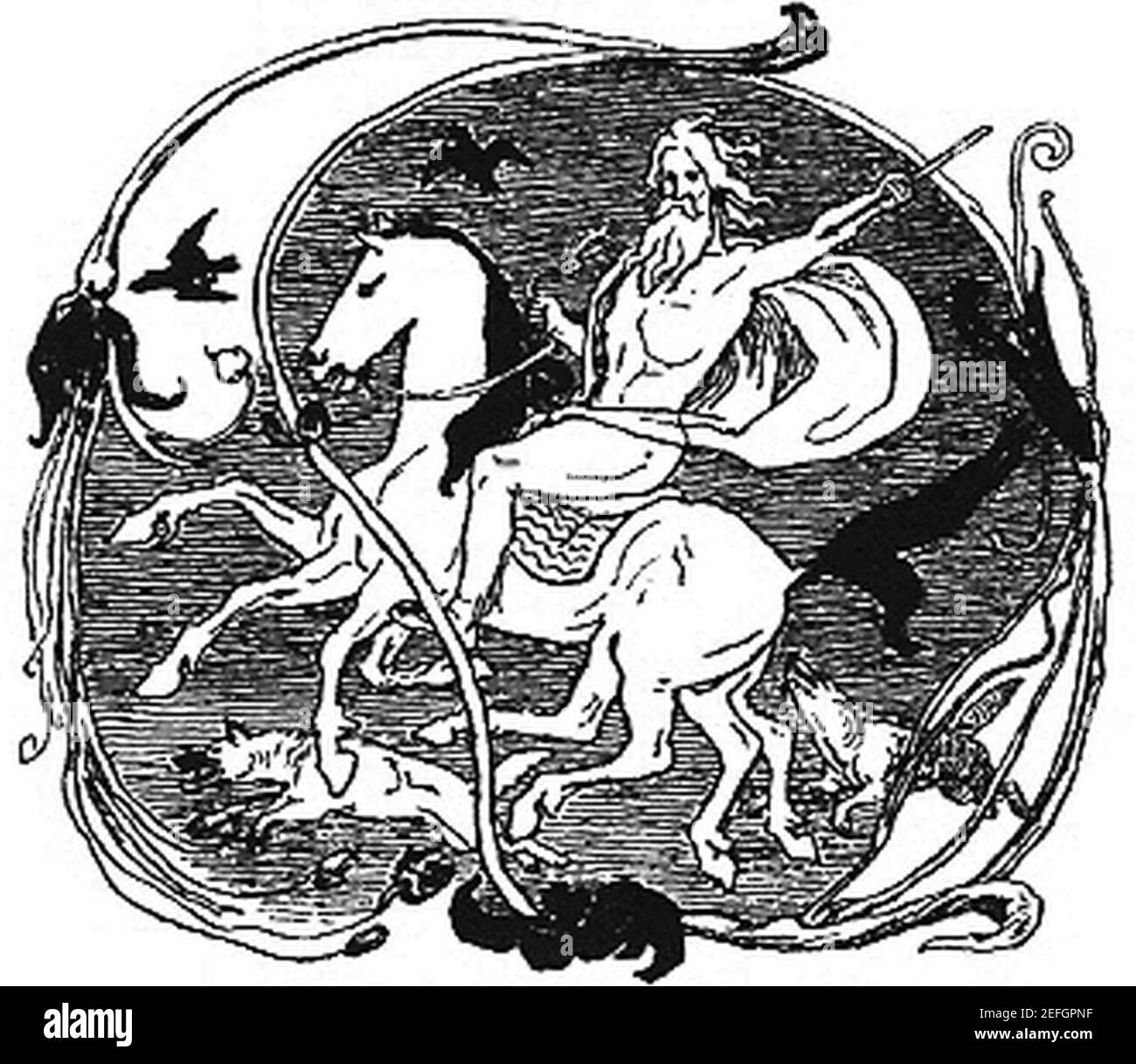 Odin, Sleipnir, Geri, Freki, Huginn und Muninn bei Frølich. Stockfoto