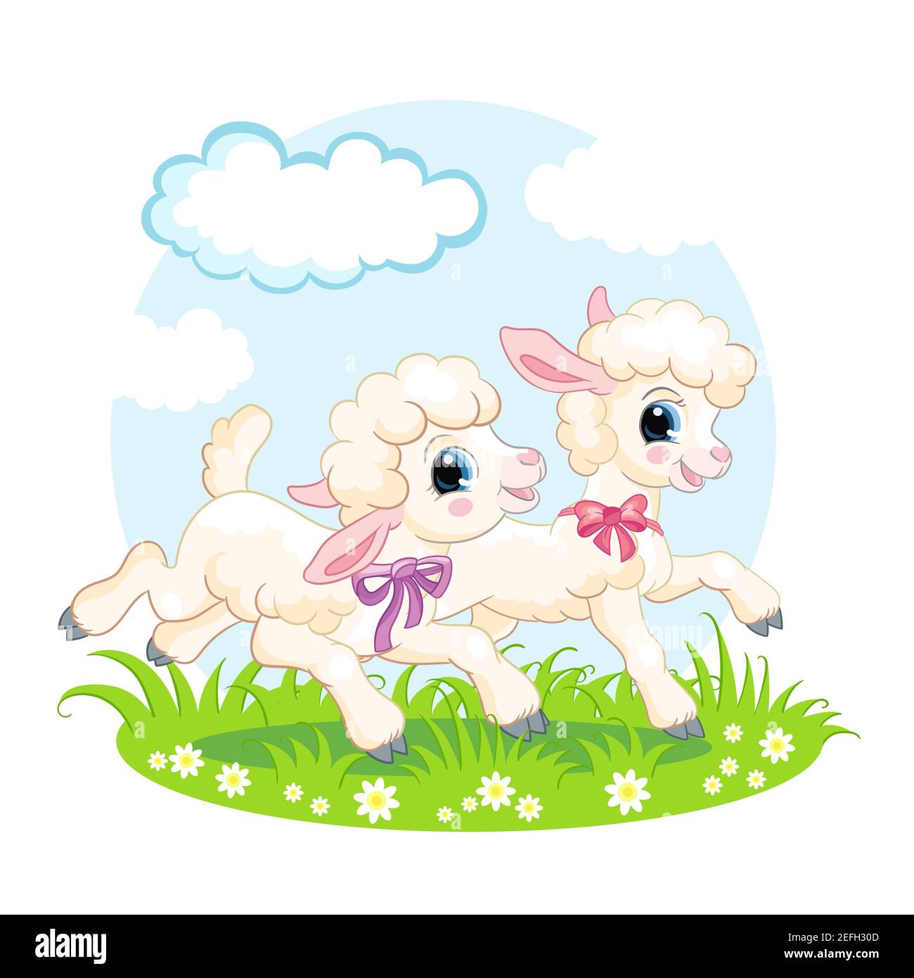 Nette Comic-Figuren zwei Lämmer laufen auf einer Blumenwiese. Vektor-isolierte Illustration. Für Postkarte, Poster, Kindergartengestaltung, Grußkarte, stic Stock Vektor