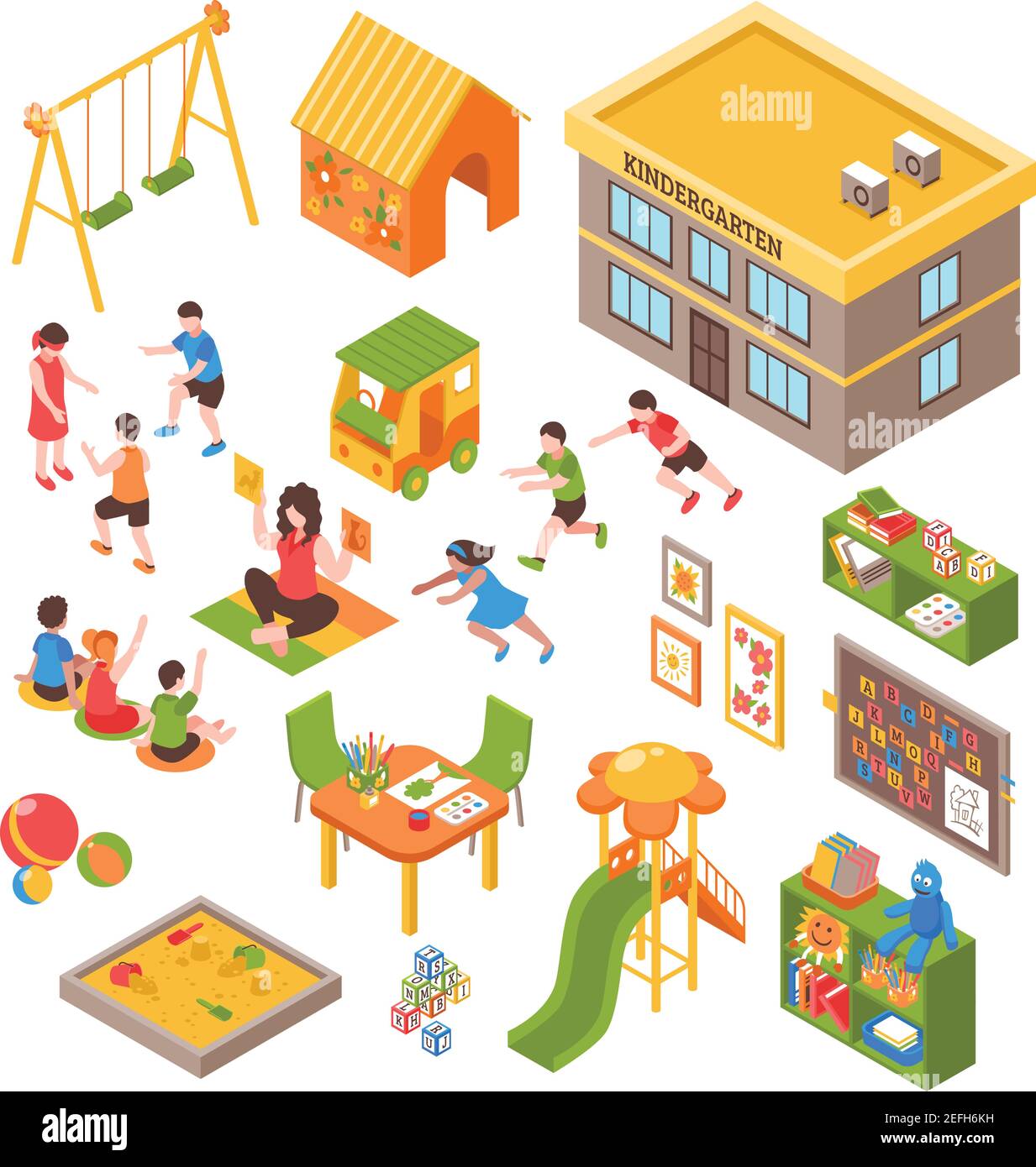 Isometrische Kindergarten-Set von isolierten Spielplatzelemente Spielzeug Innenmöbel Und Kinder Zeichen auf leeren Hintergrund Vektor-Illustration Stock Vektor