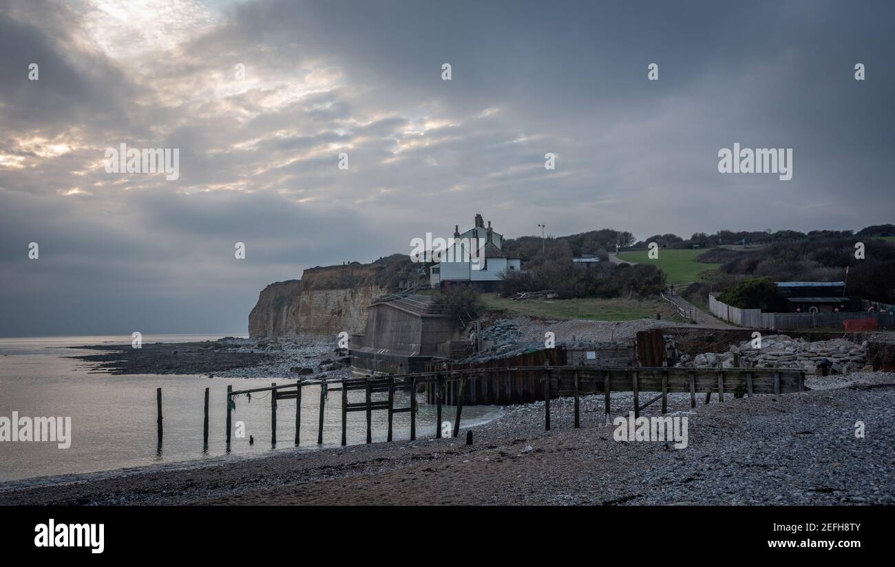 Die alten Coastguard Cottages in Cuckmere Haven, East Sussex, Großbritannien Stockfoto