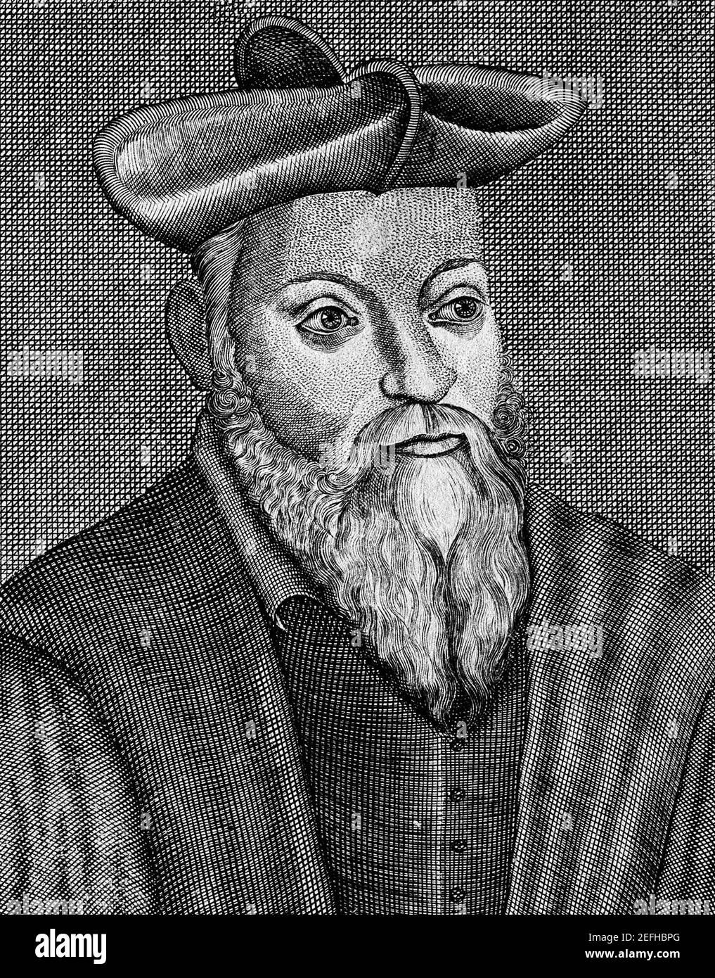 Michael Nostradamus (alias Michel de Nostredame) (geboren 14. Dezember 1503, Saint-Rémy, Frankreich - gestorben 1./2. Juli 1566, Salon) französischer Astrologe, Arzt und bekannter Seher, der vor allem für sein Buch Les Prophéties bekannt ist, eine Sammlung von 942 poetischen Vierzeilern, die angeblich zukünftige Ereignisse vorhersagen. Das Buch wurde erstmals 1555 veröffentlicht. Strichgravur von G. W. Knor/ Welcome Collection / Aktenzeichen # 1003-861THA Stockfoto