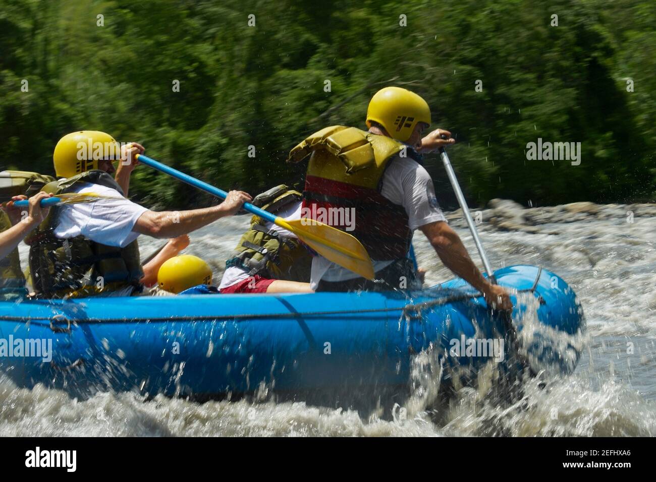 Vier Personen Rafting in einem Fluss Stockfoto