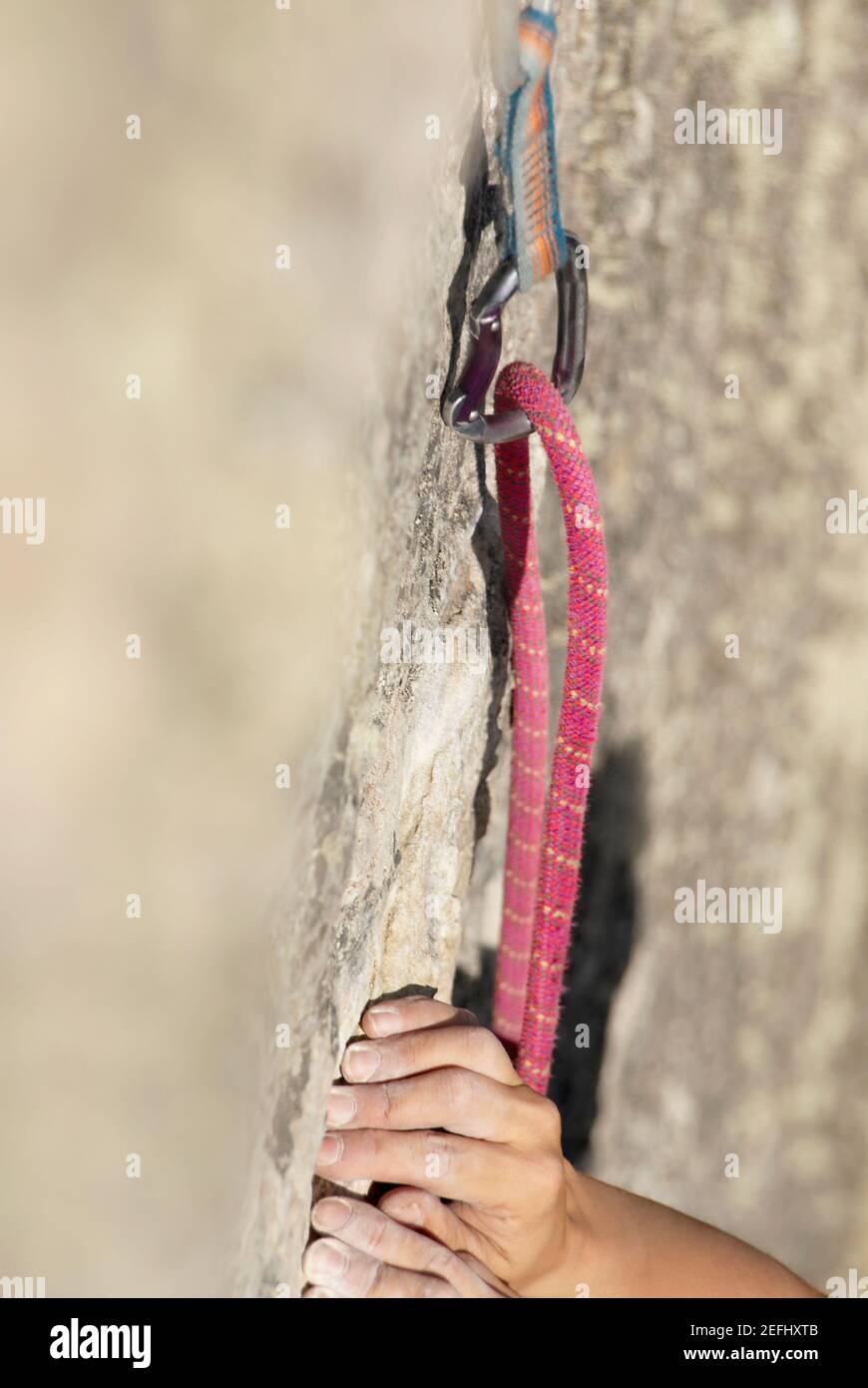 Nahaufnahme einer climberÅ½s Hände, die einen Felsen greifen Stockfoto