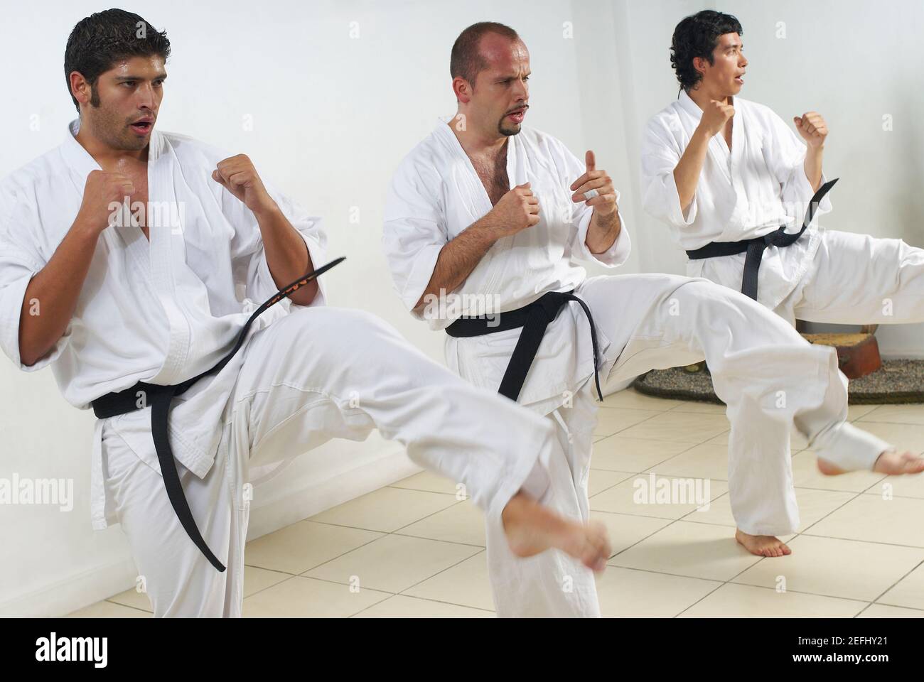 Zwei Männer mittleren Erwachsenen mit einem jungen Mann, der Karate praktiziert Stockfoto