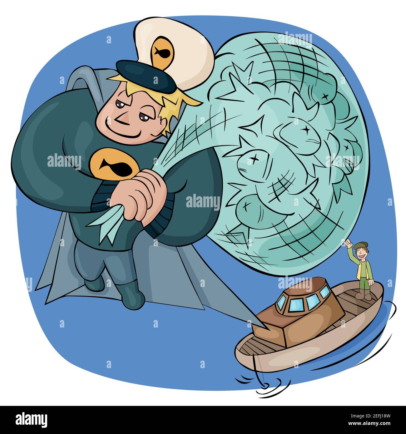 Hohe Betrachtungswinkel eines Superhelden mit einem Sack von Fisch über ein Fischerboot Stockfoto