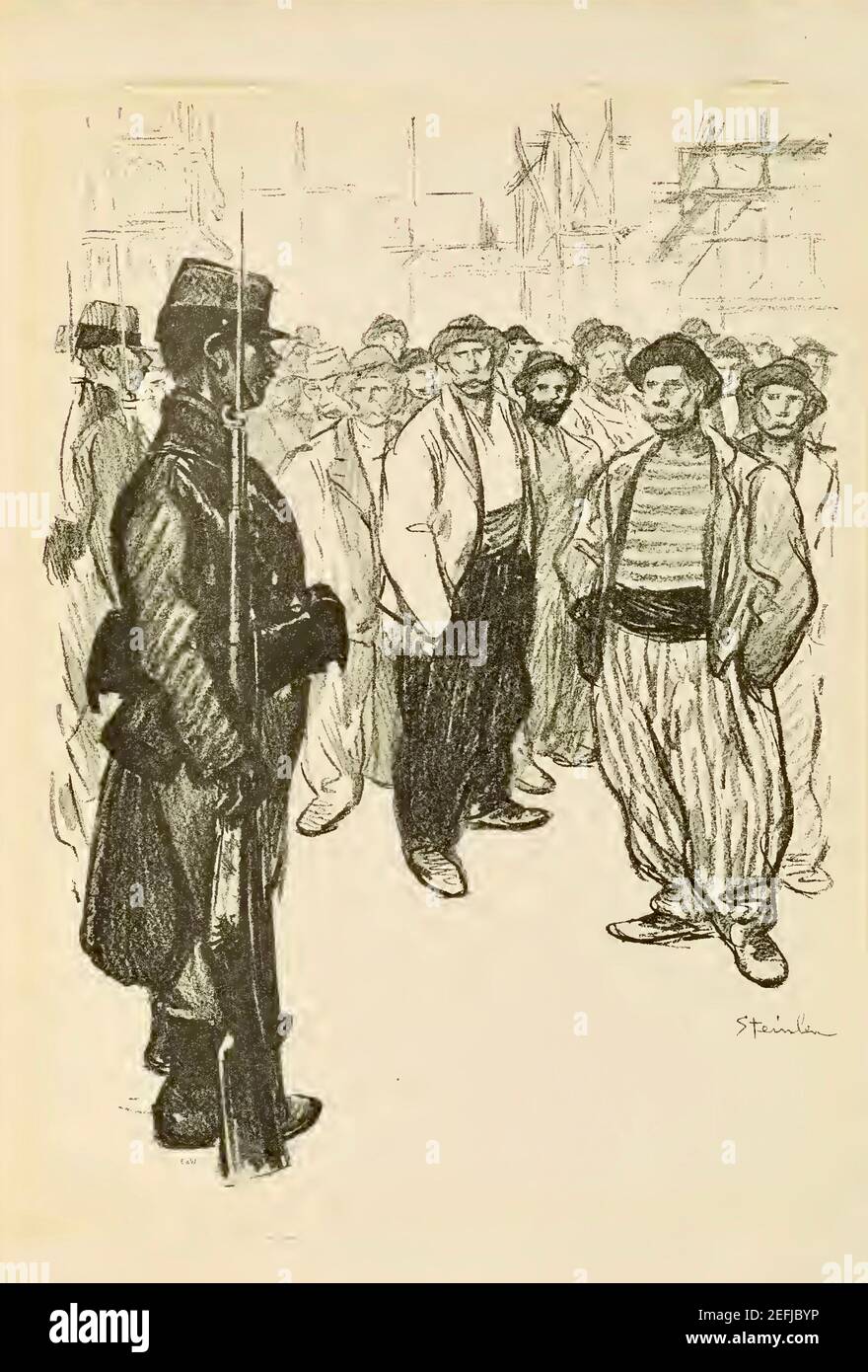 Vintage Artwork von Theophile Steinlen. Eine bewaffnete Wache wacht über streikende Bergleute in Nordfrankreich. Stockfoto
