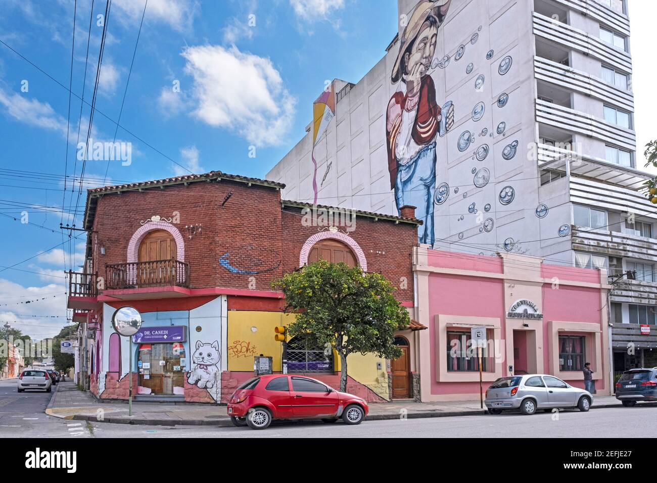Riesige Wandmalerei auf der Seite der Wohnung und Graffiti-Kunstwerke in der Stadt San Salvador de Jujuy, Jujuy Provence in Nordargentinien Stockfoto