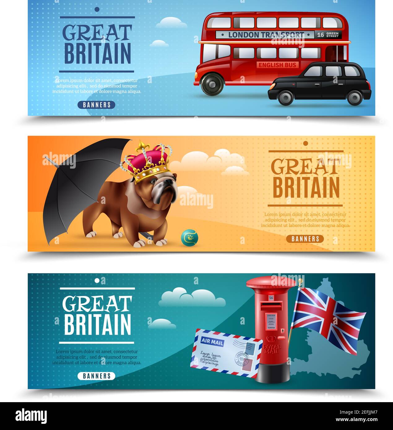 Set von horizontalen Banner mit Reisesymbolen von Großbritannien einschließlich Regenschirm, Briefkasten, Bulldog isoliert Vektor-Illustration Stock Vektor