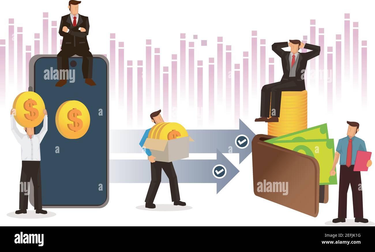 Transaktion des Geldes vom Mobiltelefon in die Brieftasche. Konzept von Finanztransaktionen, Geldtransfer, bargeldlose Zahlung, Online-Systemen oder NFC-System. Stock Vektor