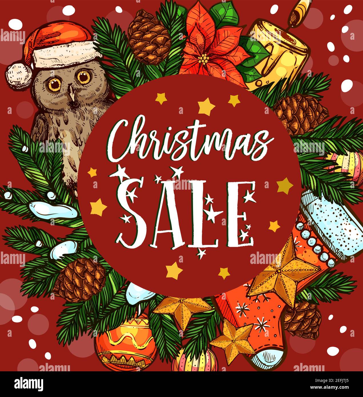 Weihnachtsfeiertag Verkauf Banner mit Weihnachtskranz. Kiefer und Tannenzweig, Kugel und Stern, Kerze, Schneeflocke, Eule mit Weihnachtsmütze und Socke, Weihnachtssterne Blume Stock Vektor