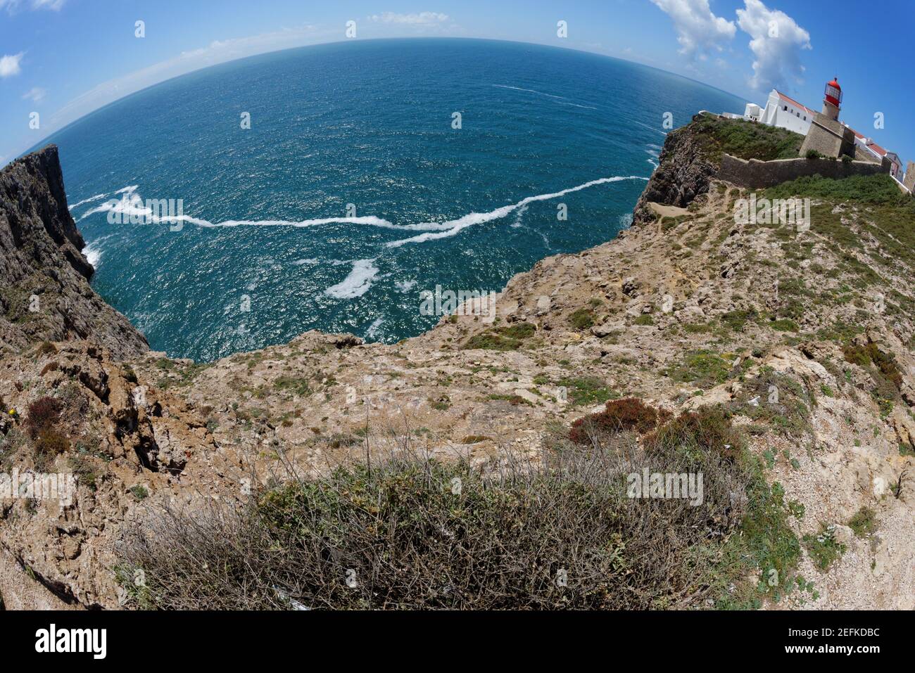 Fischauge Ansicht von St. Vincent Cape und Leuchtturm in Algarve, Portugal Stockfoto