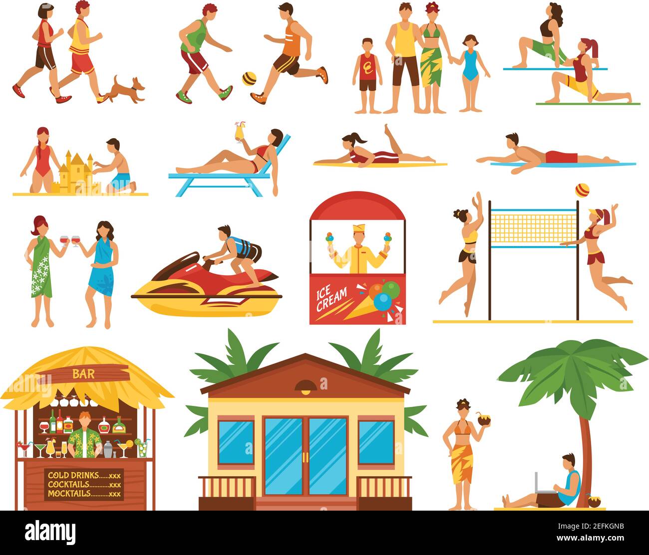 Strand Aktivität dekorative Symbole mit Menschen Sport Spiele Sonnenbaden gesetzt Eisbar Bungalow isoliert Vektor-Illustration Stock Vektor