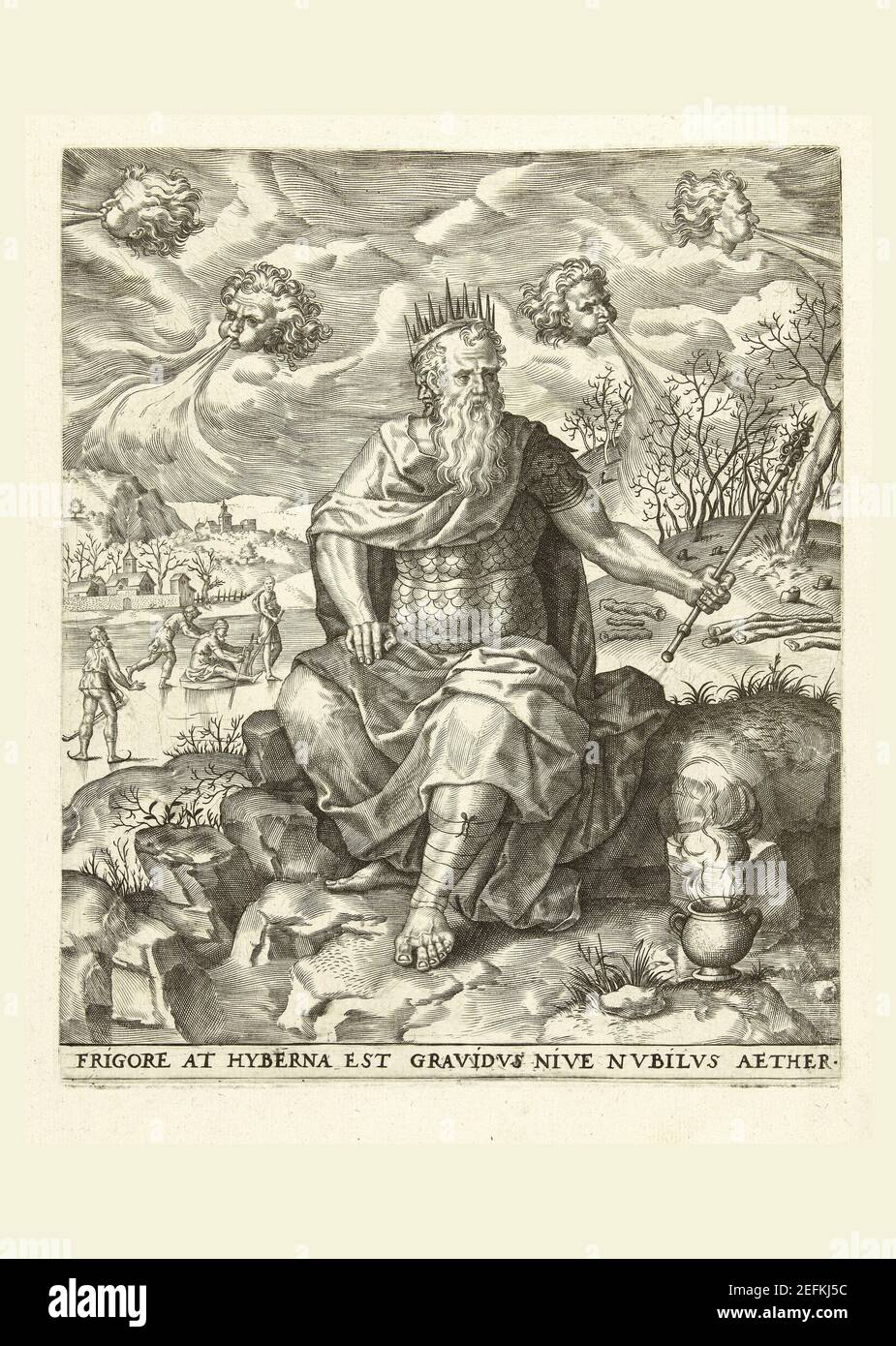 Janus, König des Winters mit den vier kalten Winden in Radierung vom 1500s Stockfoto