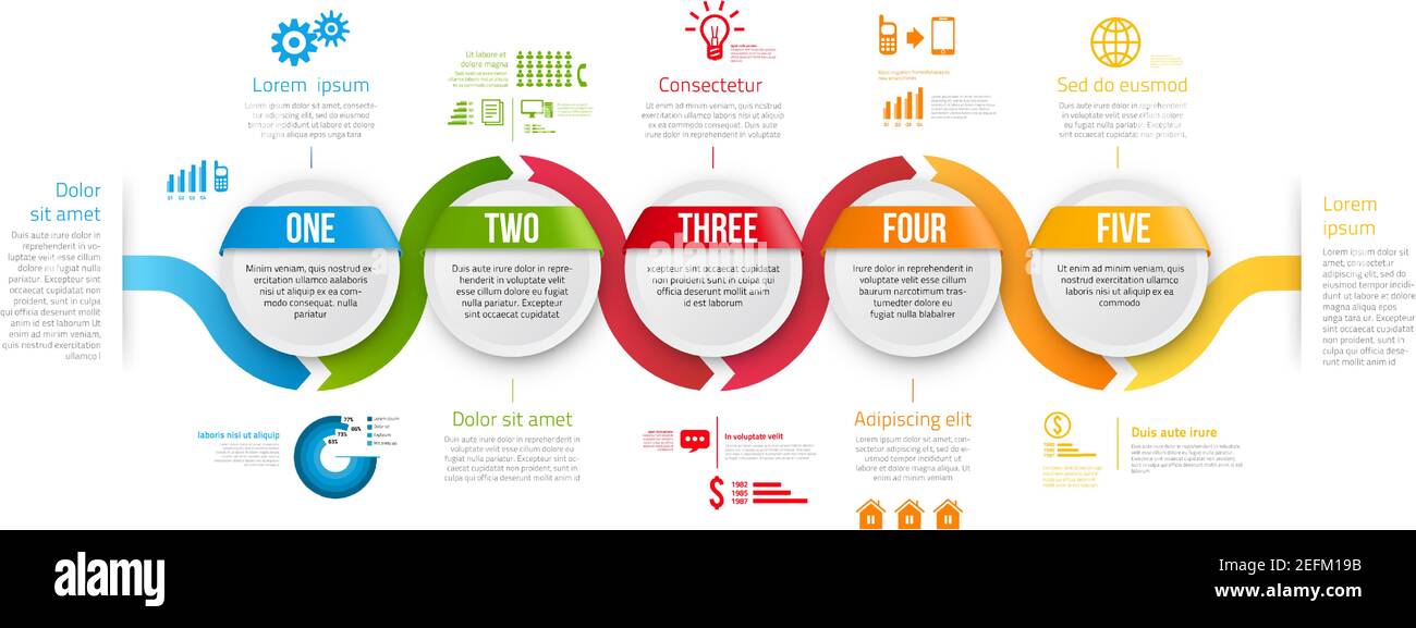 Infografik Stil farbige Zeitachse Pfeile oder Menüoptionen, Vektor auf weißem Hintergrund Stock Vektor