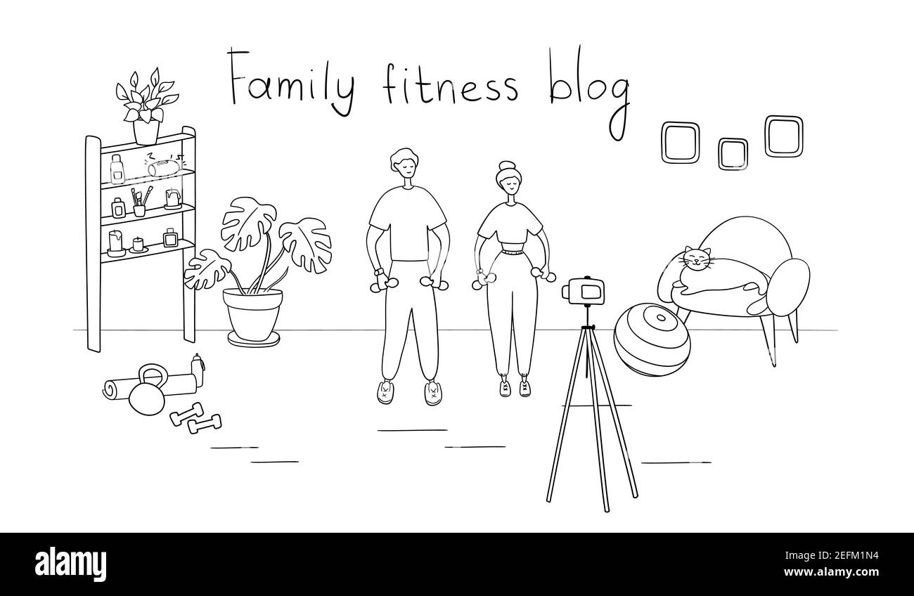 Fitness-Blog für Familien. Blogger nehmen Inhalte für ihren Video-Blog auf. Sportler senden mit einer Kamera auf Stativ an ihre Abonnenten Stock Vektor