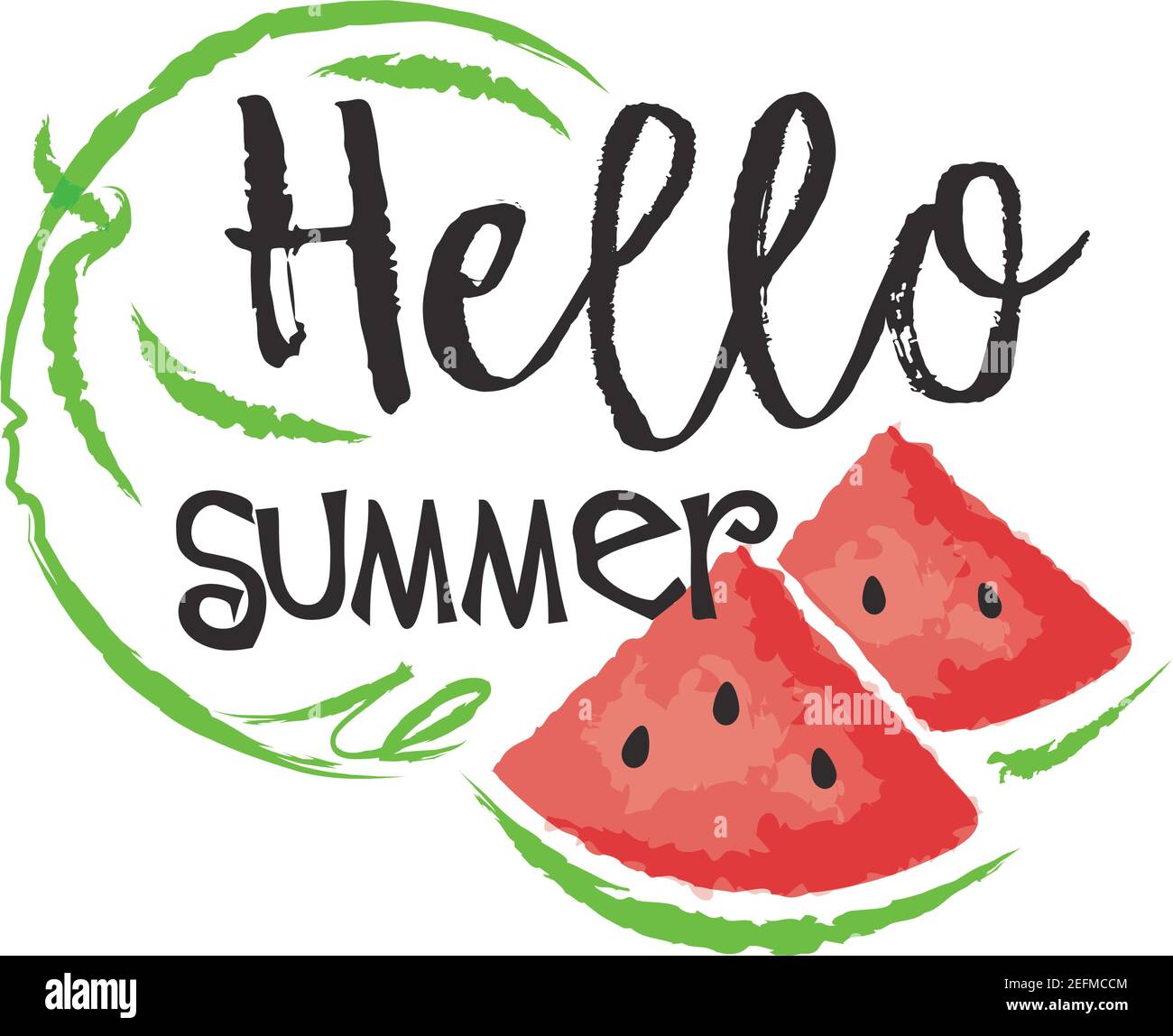 Wassermelone Obst Etikett und Aufkleber - Hallo Sommer. Vektorgrafik im Aquarellstil, für Grafik und Webdesign Stock Vektor