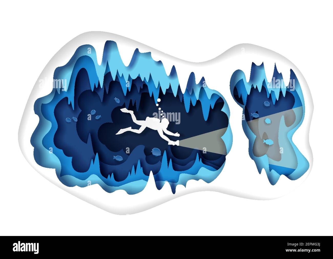 Papier geschnitten Unterwasser Meereshöhle mit Fischen und Taucher Silhouette, Vektor-Illustration. Scuba Diving Poster Banner Vorlage Stock Vektor