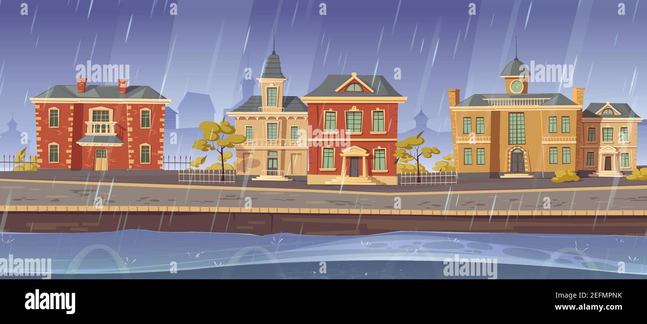 Regen und Wind in der Altstadt mit europäischen Retro-Gebäuden und Seepromenade. Vektor-Cartoon regnerische Stadtlandschaft mit Vintage-Architektur, Steinstraße, leeren Flusskai und düsteren Himmel Stock Vektor