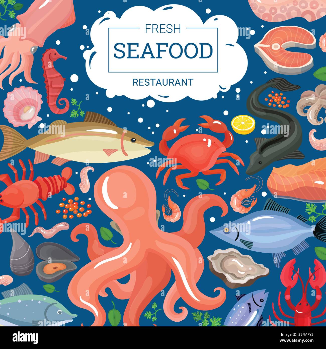 Meeresfrüchte Hintergrund Komposition von Cartoon-Stil Bilder von Meerestieren Und Stücke von marinen Lebensmitteln Vektorgrafik Stock Vektor