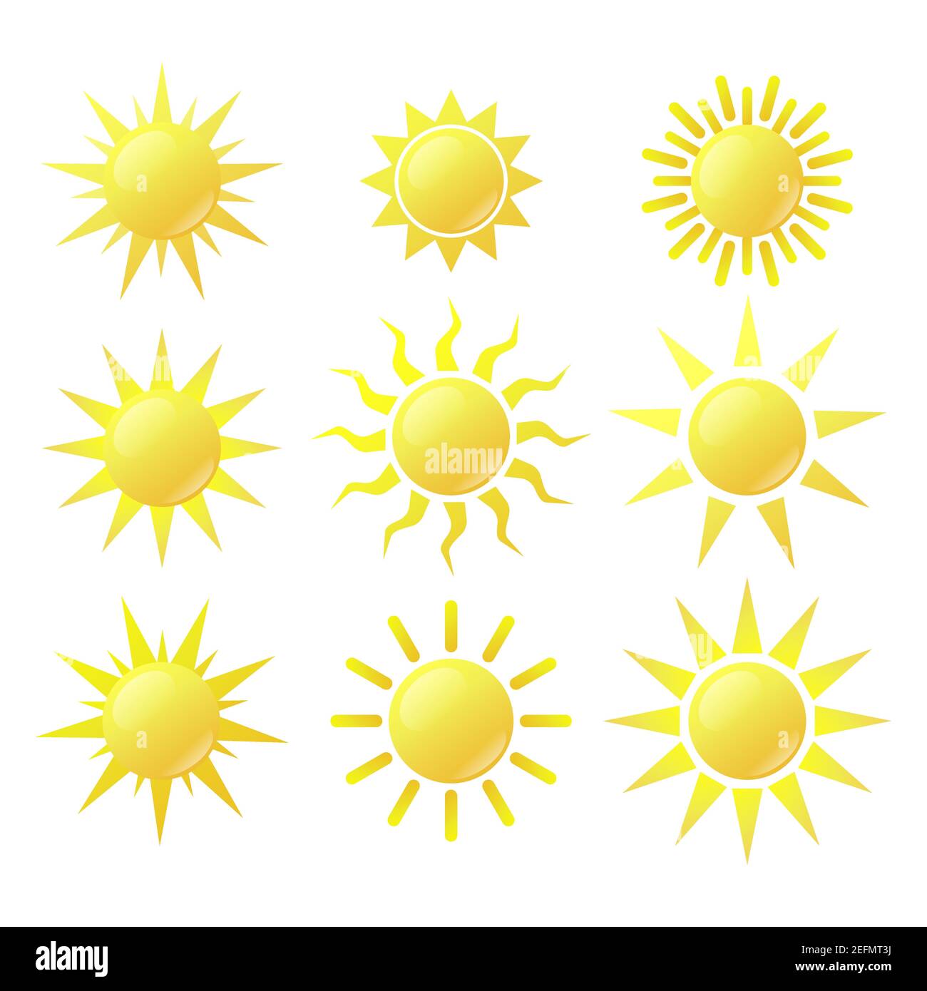 Satz von Sonnensymbolen. Sonnenpiktogramm, flaches Symbol für Wetterdesign. Stock Vektor