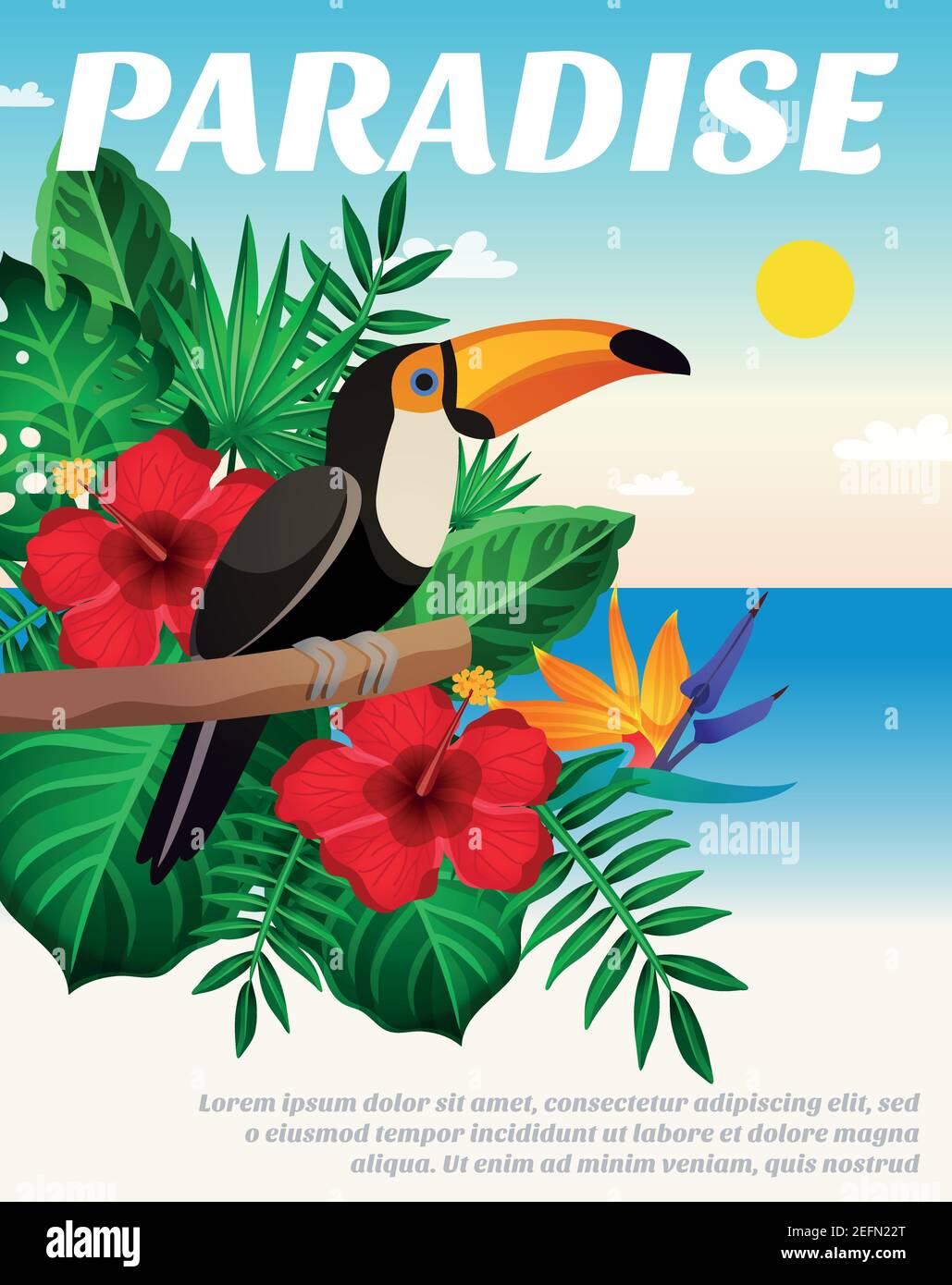 Tropische Farbkomposition mit exotischem schwarzen Vogel mit großem Schnabel Auf dem Zweig der Pflanzenvektordarstellung Stock Vektor