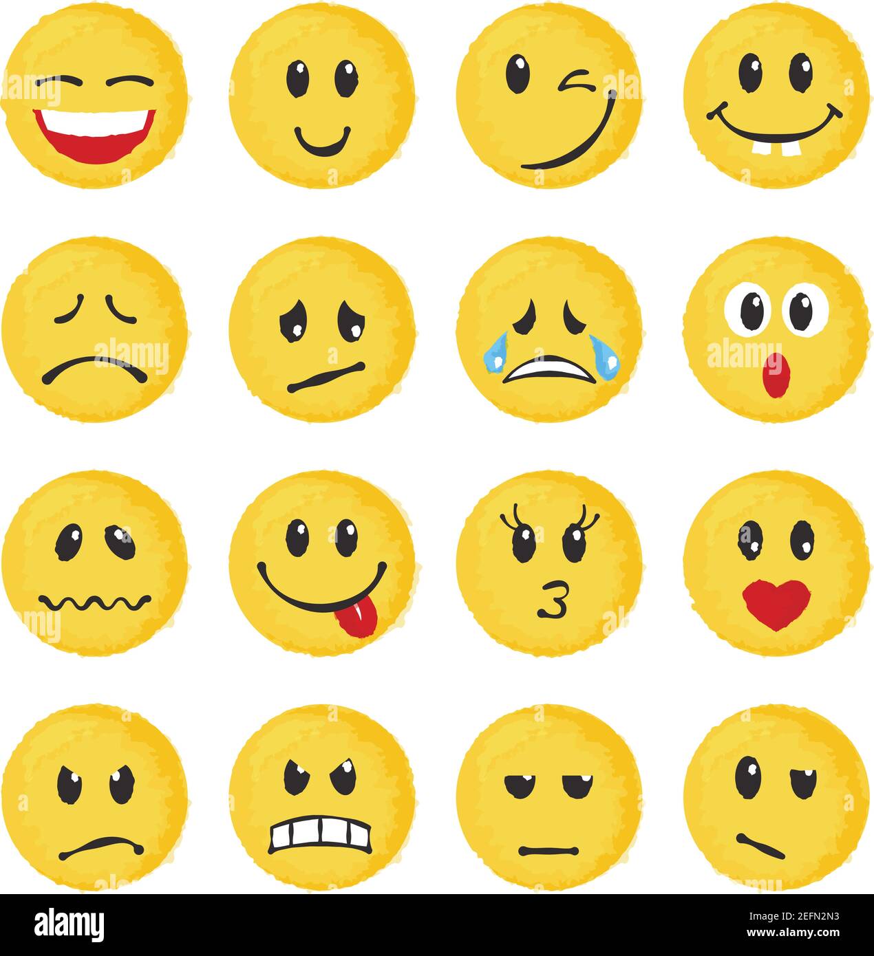 Set aus gelben Emoticons und Emojis. Vektorgrafik im Aquarellstil auf weißem Hintergrund Stock Vektor