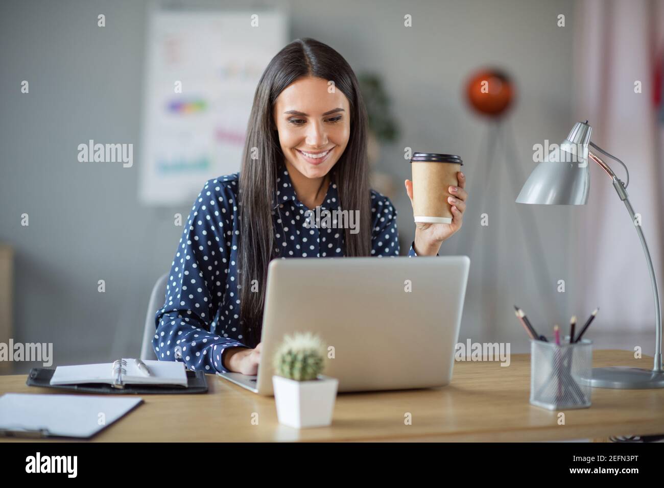 Foto von glücklich konzentriert junge Frau sitzen Schreibtisch lesen schreiben E-Mail Halten Tasse Kaffee in Büro drinnen Workstation Stockfoto